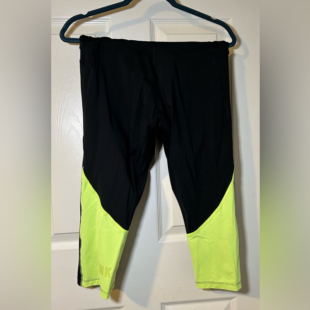 VS PINK Ultimate crop leggings - black with neon yellow, size L